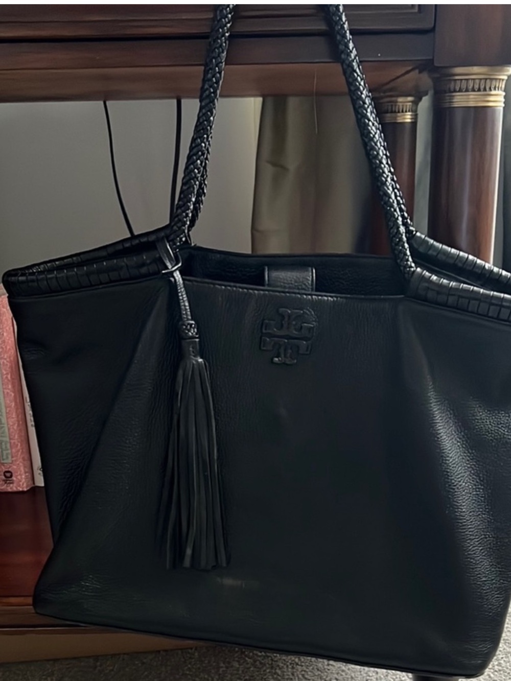 Tory Burch Black Leather Tote with Braided Handles and Tassel